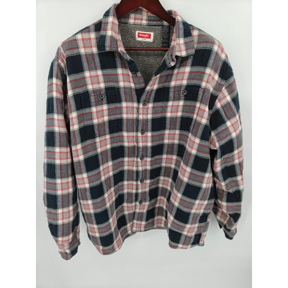 Wrangler Mens 2XL Plaid Sherpa Lined Flannel Shirt Jacket Navy Red HSP6SVA